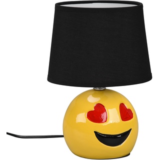 Nachttischlampe Keramik Tischlampe für Schlafzimmer Wohnzimmerlampe Tischlampe Modern, Emoji mit Herzaugen gelb, Textil schwarz, E14 Fassung, DxH 18x26 cm