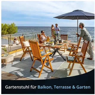 KHG Gartenstuhl Hochlehner mit Armlehnen aus 100% Akazien-Echtholz (klappbar, wetterfest, verstellbare Rückenlehne, 110kg belastbar) braun