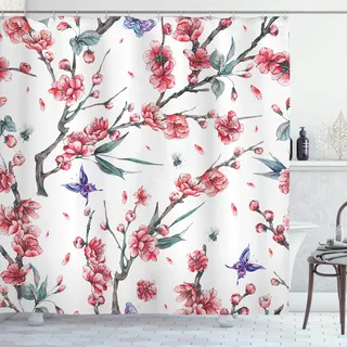 AASIRA Duschvorhang Anti-Schimmel Blumen Schmetterlinge Badezimmer Badewanne Wasserdichter Duschvorhänge Natur Rot Stoff Polyester Waschbar Badvorhang 180x180 cm Bad Vorhäng mit 12 Hooks C93