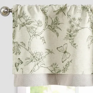 TOPICK Leinen Scheibengardinen Blickdicht Küchengardinen Blumen Frühling Landhausstil Gardinen Schmetterling Verdunkelnd Vorhänge Kurz Bistrogardine Volant Fenster 1er Pack Grün auf Beige 40Bx125H(cm)