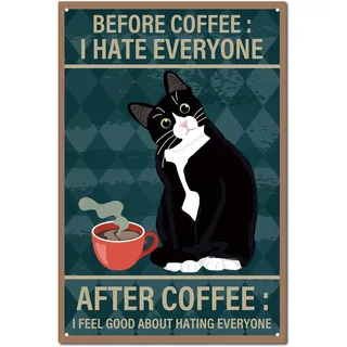 CREATCABIN Schwarze Katze-Schild,Kaffee-Dekoration,Vintage-Retro-Blechschild,Metall-Wandkunst,Plakette,Eisengemälde,Poster,Dekoration Für Zuhause,Wohnzimmer 20x30cm-Vor Dem Kaffee: Ich Hasse alle