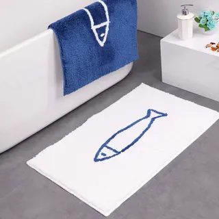 JameStyle26 Badteppich rutschfest Fischmuster Blau Weiß Fischmuster rutschfest Schnelltrocknend Küchenteppich 50 x 80 cm Weiß