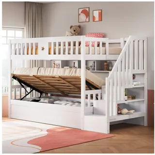 LVHOM Hochbett Kinderbett, mit Stauraum-Treppe, Bettkasten (2 Bettseiten) Hausbett, mit Bettkasten weiß
