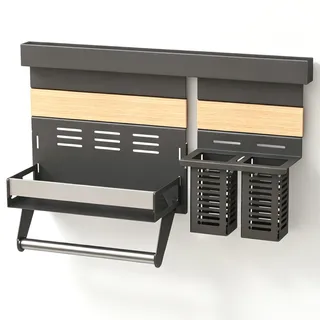 doporro Küchen-Organizer 52cm mit Gewürzregal Wand und 2 Besteckhalter | Hakenleiste Küche 52 cm aus Metall, mit Küchenrollenhalter, inkl. 5 Haken, Küchen Wandregal Schrauben oder Kleben, Grau Reglo