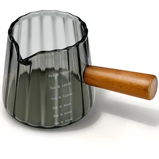 180ml Espresso Messbecher Glas mit Holzgriff, Klein Measuring Cup mit Skala, Transparent Messgläser mit V-förmiger Öffnung,Cocktail Messbecher ML für Kaffee Milch, Borosilikatglas, Grau