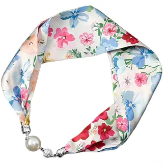 QuivyLivy Damen Schal Halskette mit Magnet Perlenverschluss Retro Blumendruck Design Simulierter Seidenschal Einfach Snap-On Verschluss Tragen (V)