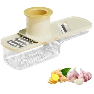 Knoblauchschneider, 3-in-1-Knoblauchpresse, Gemüsehobel, multifunktionale Knoblauchmühle aus Edelstahl, Mühle für Knoblauch, Gurken, Karotten, mit Sicherheitsschutz und Klingenaufbewahrungsbox, leicht