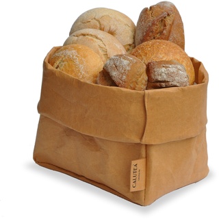 CALUTEA großer XXL Brotkorb/Sand/modern/veganes Leder als Stoff Alternative/Brottasche/Brötchenkorb/Obstkorb | Faltbarer Krempelkorb 21cm Ø