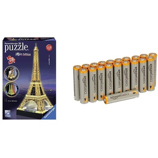 Ravensburger 125791 Eiffelturm bei Nacht Puzzle 3D-Puzzle Bauwerk Night Edition, 216 Teile mit Amazon Basics Batterien