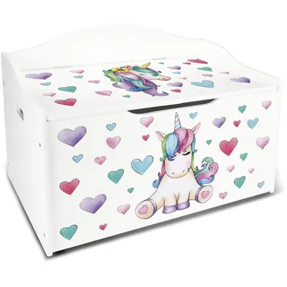 Leomark Kinderbank Hölzerne - Unicorn - Kindertruhenbank, Behälter für Spielzeug, Truhe für Kinderzimmer, Höhe: 46 cm