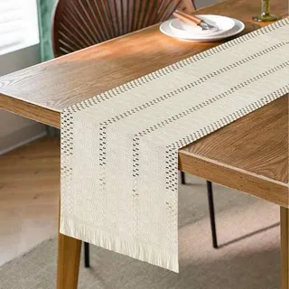 AKONE Tischläufer Baumwoll-Leinen-Mischung 30x140 cm Beige Makramee-Optik