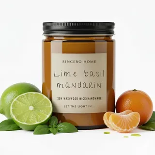 Duftkerze für Herren mit Limette, Basilikum und Mandarine – Elegante Geschenkkerze mit Holzdocht, natürliche Aromatherapie, umweltfreundlich