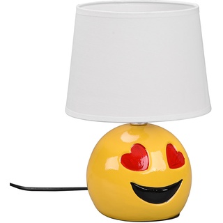 Keramik Tischlampe für Schlafzimmer  Nachttischlampe Wohnzimmerlampe Tischlampe Modern, Emoji mit Herzaugen gelb, Textil weiß, E14 Fassung, DxH 18x26 cm