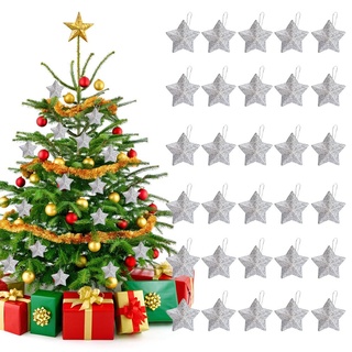 Hpory 30 Stück Glitzer Christbaumschmuck Weihnachten Sterne Anhänger Deko, Bunt Gold Silber Hängend Sterne Weihnachtsbaumschmuck zum Aufhängen für Baumschmuck Weihnachten Dekoration