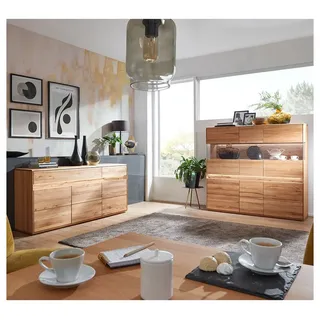Lomadox Wohnzimmer-Set WELLAND-69, (Mega-Spar-Set, 2-St., Highboard Sideboard), in Kernbuche massiv geölt inkl. Beleuchtung, montiert braun
