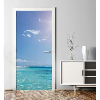 MyMaxxi - Tür bekleben mit Türtapete Türposter Türfolie Selbstklebend 90x200 Urlaubsort mit Palmen und Strand - Tür verschönern Türaufkleber Türklebefolie Warm Insel Meer blau