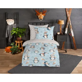 Muller Textil Jani Pinguinmotiv Baumwolle Blau 135 x 200 cm + 2 x 80 x 80 cm