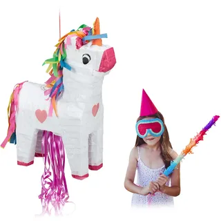 Relaxdays Pinata Einhorn, zum Aufhängen, Kinder, Mädchen, Geburtstag, zum Befüllen, Papier, HxBxT 51 x 14 x 35 cm, bunt, Weiß, Pink, Orange