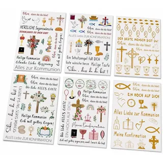 Kerzen Tattoo Aufkleber, 6 Stück, Wasserschiebefolie | Christliche Kreuz Kerzensticker, Deutsche und Englische Texte, DIY Transferfolie, Für Taufkerze Kommunionskerze
