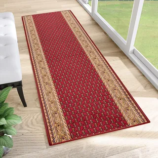 TAPISO Anti Rutsch Teppich Läufer rutschfest Brücke Meterware Oriental Rot Gelb Ornament Floral Design Flur Küche Wohnzimmer 67 x 180 cm
