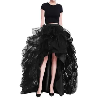 PSNKLMM Women High Waist High Low Layered Tulle Floor Length Spectial Occasion Skirt Split Skirt A-Line Puffy Mesh Skirt for Wedding(Black,M)