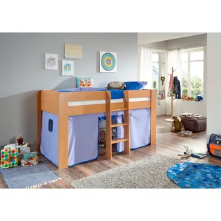 Hochbett RELITA "Andi", blau (buche dekor natur blau, delfin), Liegefläche B/L: 90cm x 200cm, kein Härtegrad, kein Härtegrad, Spanplatte: Buche Nachbildung Melamin natur;Stoff: 100% Baumwolle (bei 30 C waschbar), Hochbetten, Hochbett, mit Rolllattenrost und Vorhang, mit Leiter, pflegel. Dekor Oberfläche