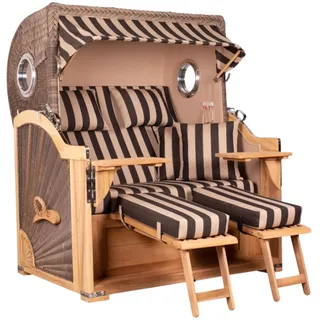 MR. DEKO Strandkorb Baltikum Teakholz XL Volllieger Strandstuhl PE Geflecht Grey Teak Bullauge anthrazit inkl. 4 Kissen - Wechselpolster - Strandkörbe Garten, Wintergarten, Terrasse (Dessin 581)