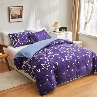 GETIYA Stern Bettwäsche 135x200 Weich Mikrofaser Damen Mädchen Lila Violett Mond Stern Muster Leuchtend im Dunkeln Einzelbett Bettbezug Wendebettwäsche Mit Kissenbezug 80x80