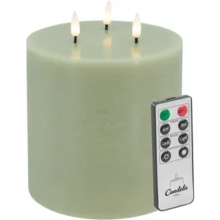 Candela Lights LED Kerze 3-Docht H:15xØ15cm grün rustic Stumpenkerze Echtwachs mit Fernbedienung & Timerfunktion Flammenlose flackernde LED-Kerze mehrstufig dimmbar