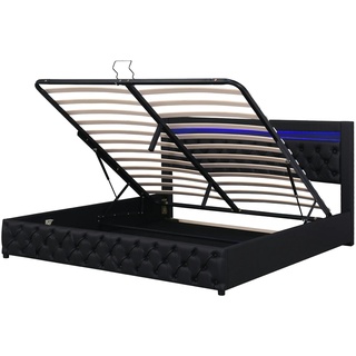Merax Polsterbett 160 x 200 cm, Funktionsbett mit Lattenrost und Stauraum, mit LED-Beleuchtung, mit Funktion von Aufbewahrung, schwarz, PU