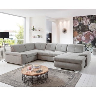 Wohnlandschaft R Ecksofa Stoff silver mit Armteil und Kopfteilverstellung