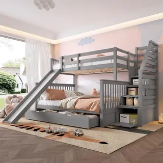 Flieks Etagenbett 90x200cm, Kinderbett mit Rutsche, Hochbett mit Treppe, Jugendbett mit Lattenrost und 2 Schubladen, Massivholzbett Stockbett, Grau - Grau