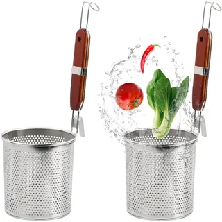 Granvoo 2 Stück Nudelsieb aus Edelstahl, Abseihlöffel mit Langem Holzgriff, Nudelkorb, Spaghetti Portionierer, Küchensieb, Tiefes Sieb, Siebkelle, Kochsieb, Durchmesser 14 cm