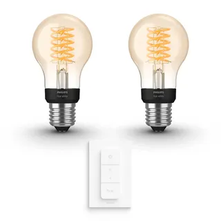Philips Hue Vorteilspaket - E27 - mit 2 Filament Standard Lampen - Warmweißes Licht - inkl. 1 Hue Dimmschalter - Hue White Filament
