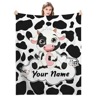 ZQYMM Personalisierte Kuh Babydecke mit Namen Kuh Decke Kuhmuster Kuscheldecke Weich Fleece Decke Flauschig Kuhflecken Wohndecke Couchdecke Sofadecke Geschenk für Kuh Liebhaber
