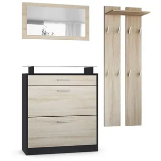 Vladon Garderoben-Set Loret, (Garderobe Set bestehend aus 1 Schuhschrank, 1 Wandspiegel, 2 Garderobenpaneele), Schwarz matt/Eiche Sägerau (Schuhschrank 89 x 104 x 23 cm) braun