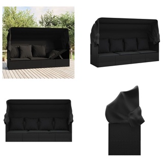 vidaXL Outdoor Loungebett mit Dach und Kissen Schwarz Poly Rattan - Outdoor Loungebett - Outdoor Loungebetten - Gartenmöbel - Terrassenmöbel