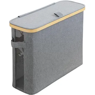 Clarsen® Aufbewahrungsbox für Toilettenpapier – Klopapier Aufbewahrungskorb für 12 Rollen – Korb mit Deckel grau aus Stoff & Bambus – Kompakt & platzsparend – mit Sichtfenster – L45 × W15,5 × H34 cm
