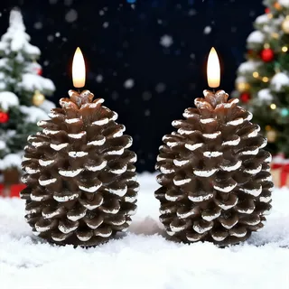 Eldnacele LED-Flammenlose Tannenzapfenkerzen mit 6-Stunden-Timer, batteriebetriebene Wachssäulenkerzen, 2er-Set Weihnachtskerzen Eichel-Deko, waldiges Design für Herbst- und Weihnachtsdekoration
