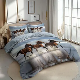 CozyRest Bettbezug Set mit 2 Kissenbezug Hellblau Bettwäsche Set für Jungen Mädchen Teenager, Laufendes Pferd am Strand Bettbezug 100 x 135 cm 2-teiliges Set Anti-Pilling Farbecht, Hypoallergen