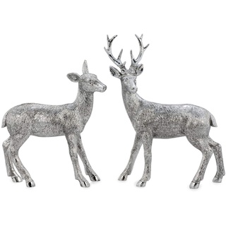 Kleine stehende Kunststein Deko Hirsch Figur Paar - silbern glänzende Jagtfigur mit Geweih - Weihnachts-Deko zum Hinstellen