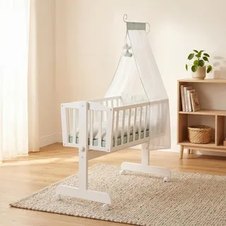 roba Babywiege Woodland Buddies 40 x 90 cm inkl. Zubehör - Stubenwagen & Wiege - Set mit Rollen, textiler Ausstattung + Matratze - Holz weiß lackiert