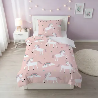 DJDEA Einhorn Bettwäsche Kinder 135x200 Mädchen Weich Mikrofaser,Einhorn Motiv Kinderbettwäsche mit Reißverschluss, Bettbezug und 1 Kissenbezug 80X80cm Geschenk für Mädchen