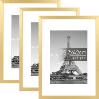 upsimples 3 Pack Bilderrahmen A3 Gold, Picture Frame für Hochzeit, Fotos | 29.7x42 cm Vintage Rahmen für Kinderzeichnungen, Bilder, Illustrationen, Wandbilder für Kinderzimmer, Wohnzimmer, Büro