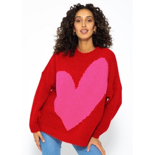 SASSYCLASSY Strickpullover Oversize Pullover mit Herzmotiv Flauschigeer Grobstrick-Pullover mit Herzmotiv - made in Italy rot