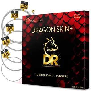 DR Strings DRAGON SKIN+ (DBS5-45) – Saiten für E-Bass, 5-Saiter Set, Stainless Steel, Round Core, Medium 45-125 - Handgefertigt in den USA