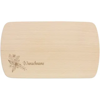 PrintPlanet® - Personalisiertes Holz-Frühstücksbrettchen mit Gravur - Schneidebrett mit Namen personalisiert - Motiv: Blume