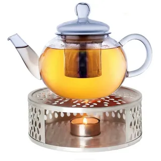 Creano Teekanne Teekanne “flach” 0,8l mit Stövchen aus Edelstahl, 0.8 l, (Set, 4-St., 1 Teekanne, 1 Stövchen, 1 Deckel) weiß