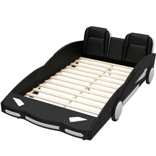 Merax Autobett für Erwachsene, Spielbett Flachbett mit Rausfallschutz 140×200cm Kunstleder, schwarz