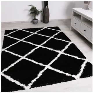 Vimoda Hochflor-Läufer Shaggy Wohnzimmer Rautenmuster Weiss, Rechteckig, Höhe: 30 mm, Langflor, Rauten muster, Skandi Design in Creme schwarz|weiß Rechteckig | 120 cm x 170 cm x 30 mm